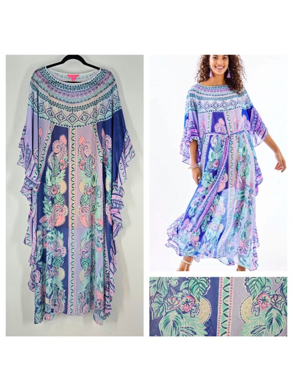 Lilly Pulitzer Monnae Midi Caftan Floral Paisley Cruise Ruffle Women's Size L/XL